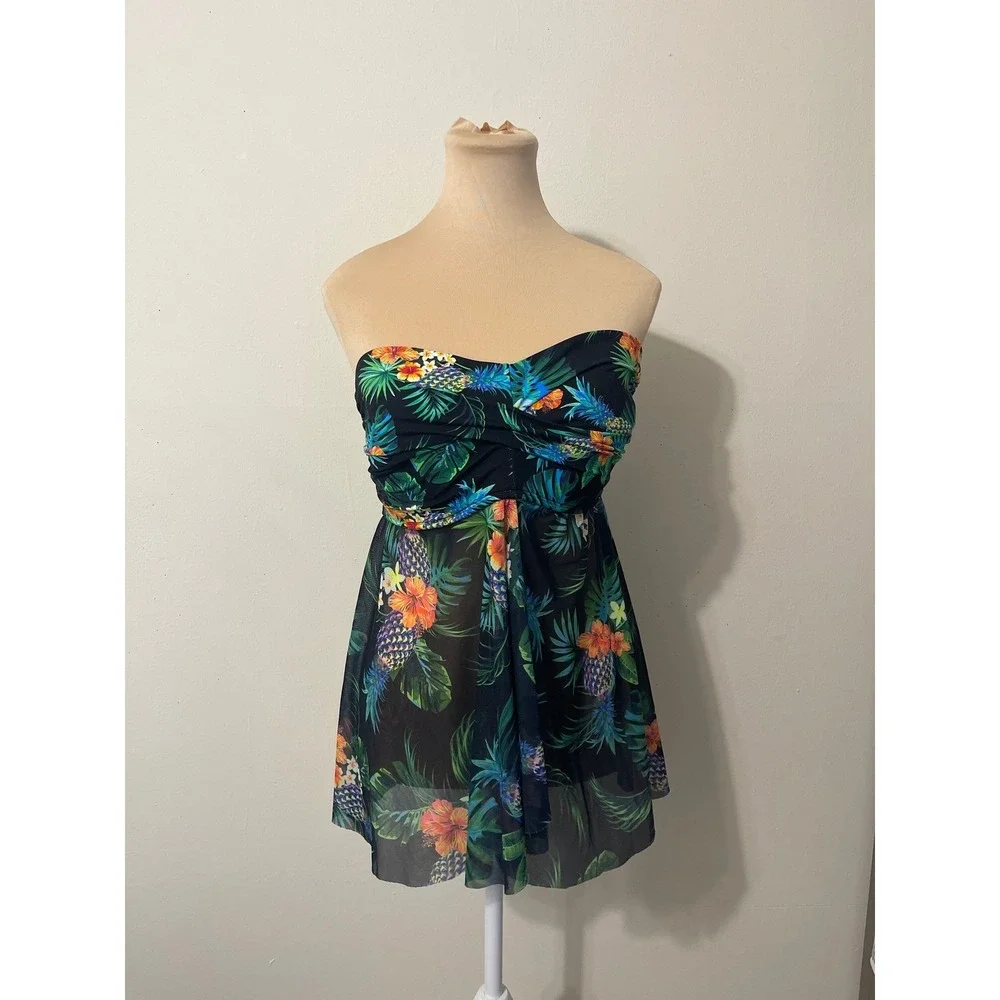 Womens Tropical Print Y2K Casual  Swim Top  Strapless Tube Top Cover Up‎ XL